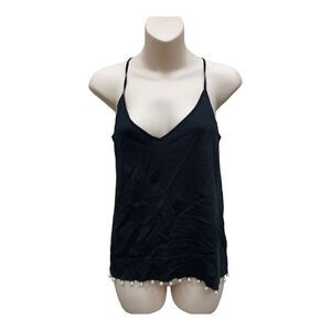 Zara Knit Black V Neck Cami Tank Top Size S Pearl Trim Spaghetti Strap Classic